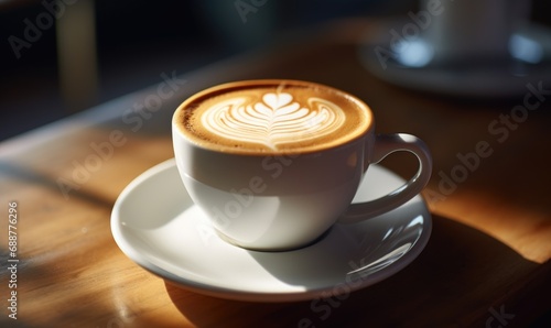 A cup of coffee with latte art on a wooden table  bathed in warm morning sunlight