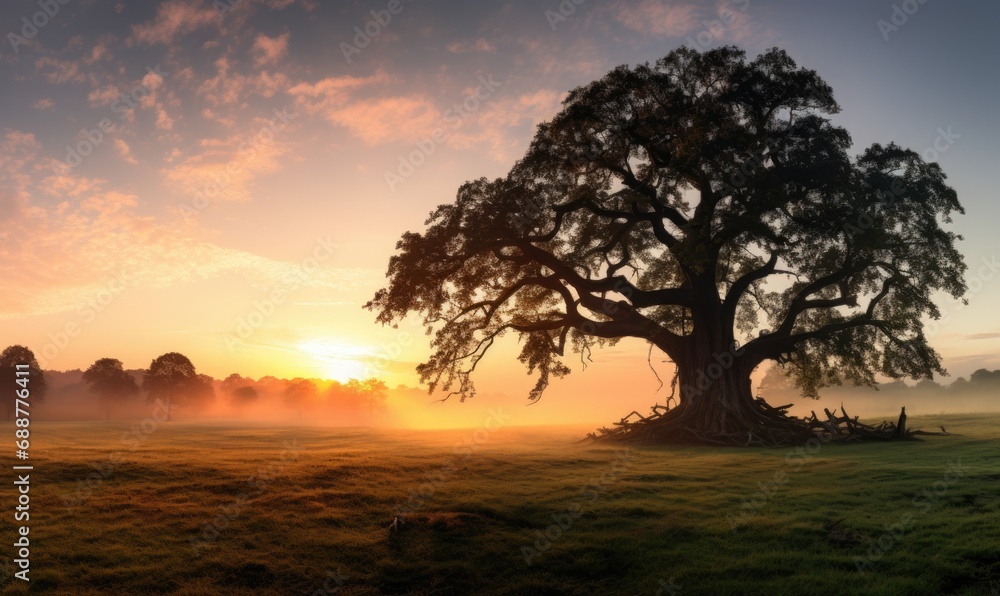 A majestic tree stands in a serene rural landscape bathed in the warm light of sunrise, with mist surrounding the area A majestic tree stands in a serene rural landscape bathed in the warm light of sunrise, with mist surrounding the area