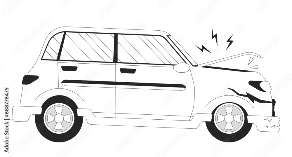 Car accident black and white 2D line cartoon object. Damaged vehicle side view isolated vector outline item. Distracted driving transport. Front end damage auto monochromatic flat spot illustration