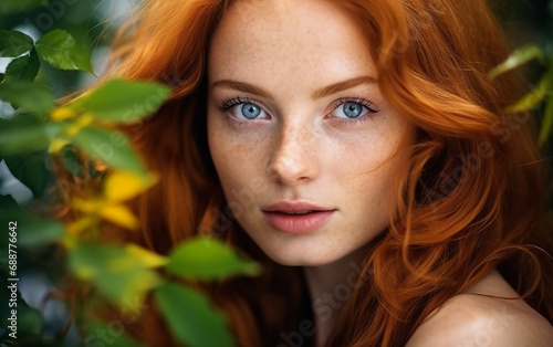 Portrait of a fair-skinned redhead European 30 year old girl with green leaves of the trees on a bright morning. Closeup portrait of magnificent lady. Fashion shot of young gorgeous female.