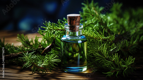 bottle, jar with juniper essential oil extract photo