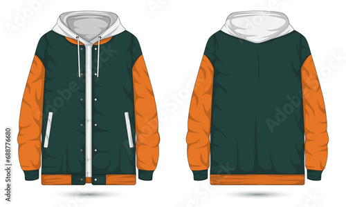 Hooded letterman jacket mockup front and back view photo