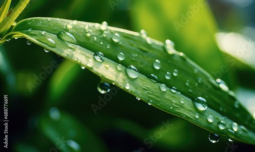 Water drops on green leaf in the morning. Shallow depth of field.