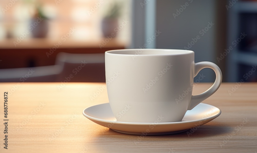 A cup of coffee with latte art on a saucer surrounded by warm light that invokes a cozy morning atmosphere