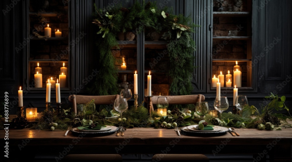 candlelit table with christmas candles in dark wood and darkened room,