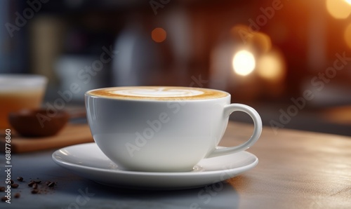 A cup of coffee with latte art on a saucer surrounded by warm light that invokes a cozy morning atmosphere