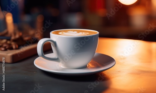 A cup of coffee with latte art on a saucer surrounded by warm light that invokes a cozy morning atmosphere