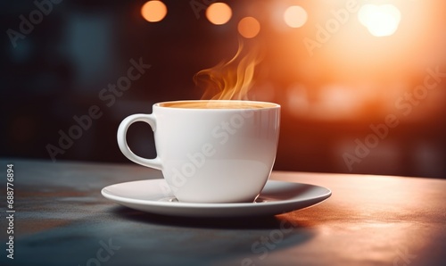 A cup of coffee with latte art on a saucer surrounded by warm light that invokes a cozy morning atmosphere