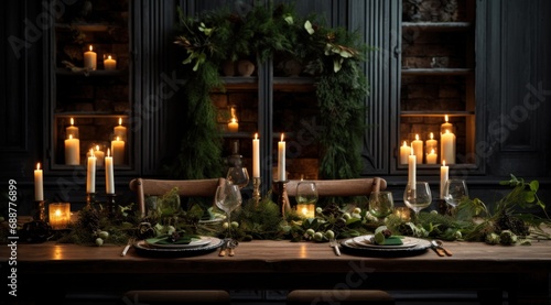 candlelit table with christmas candles in dark wood and darkened room, © ArtCookStudio