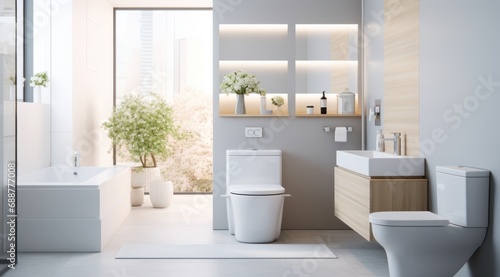 clean white room with toilet, mirror, table and sink, © ArtCookStudio