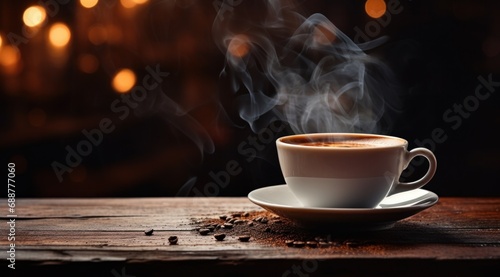 coffee cup on a wooden table on a table with steam billowing up,
