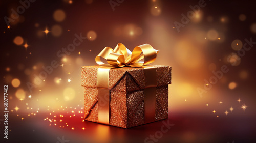 gift box with christmas decoration and lights on a dark background