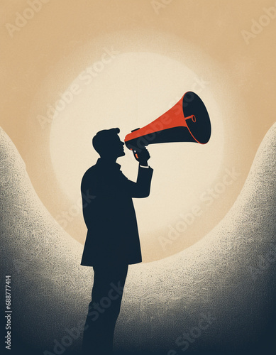 Illustration of a silhouette of a man shouting into a megaphone on an abstract background.