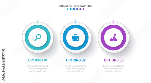 Timeline infographic with infochart. Modern presentation template with 3 spets for business process. Website template on white background for concept modern design. Horizontal layout.
