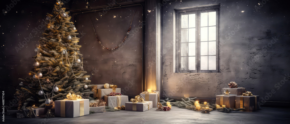 Loft apartment, room decorated Christmas tree, gift boxes, light, candles on concrete textured place. Modern interior mock up for holidays. Gorgeous New Year background. Generative ai