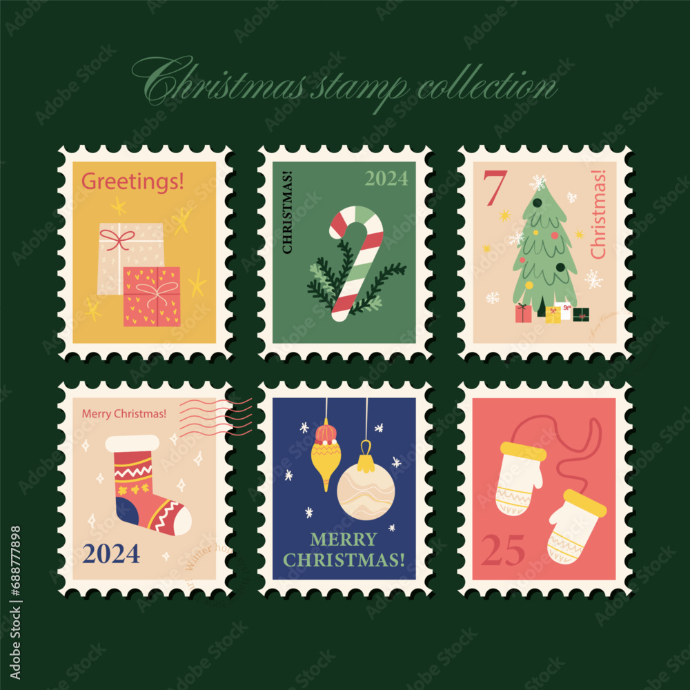 Naklejka premium Winter Christmas Presents Postal Stamps. Vector Illustration of Happy New Year! Winter Holidays. Seasonal Greetings.