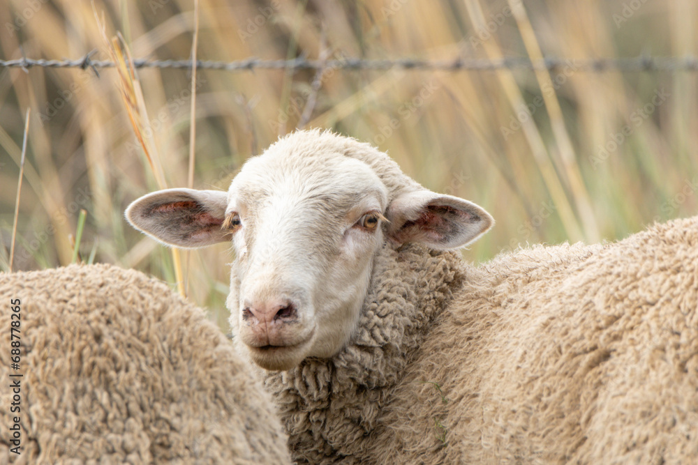 A merino breed sheep next to a barbed wire fence looking at the camera