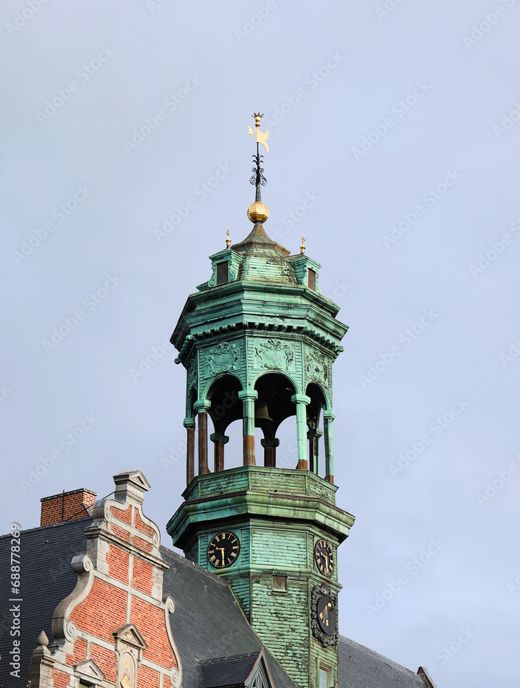 Tower of the town hall in Mons in closeup. Belgium.