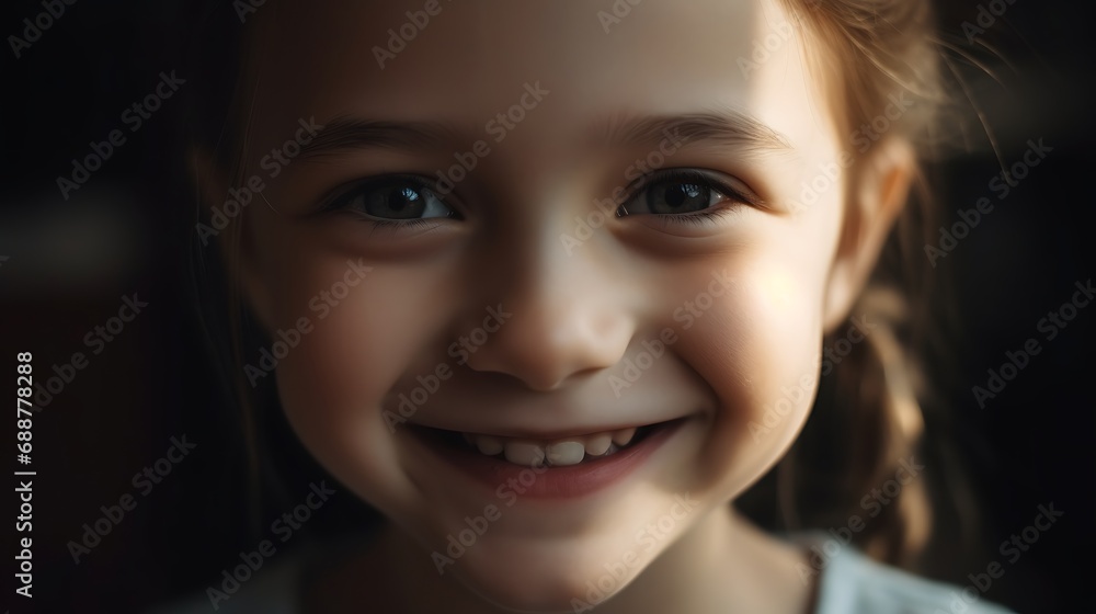 a cute little girl with small braids is looking up and smiling happily at the camera.