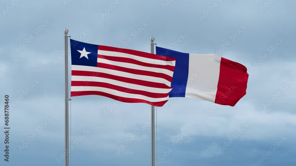 France and Liberia flags waving together on cloudy sky, endless seamless loop, two country relations concept France and Liberia flags waving together on cloudy sky, endless seamless loop, two country relations concept