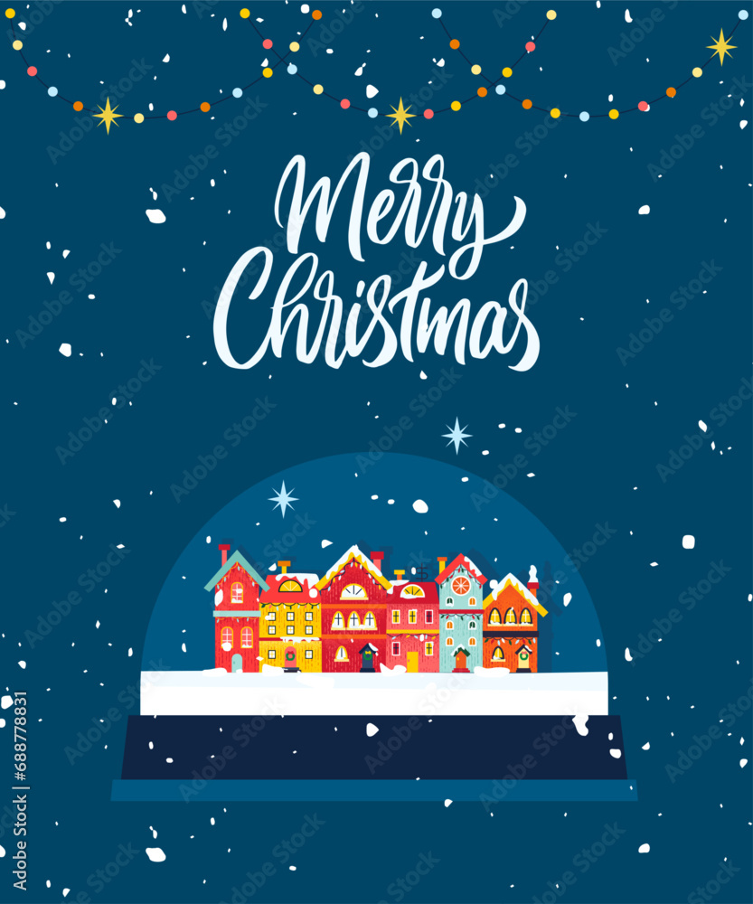 Decorative Christmas Ball Winter Houses. Vector Illustration of Holiday Greetings with Snow. Celebrative Glass Present.