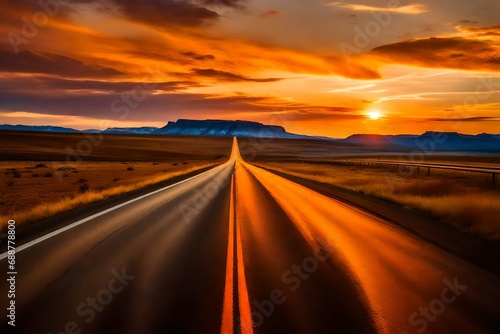 Driving through the Wyoming Interstate 80 Expressway at sunset, the sky painted in warm hues, the road adorned with streaks of car lights