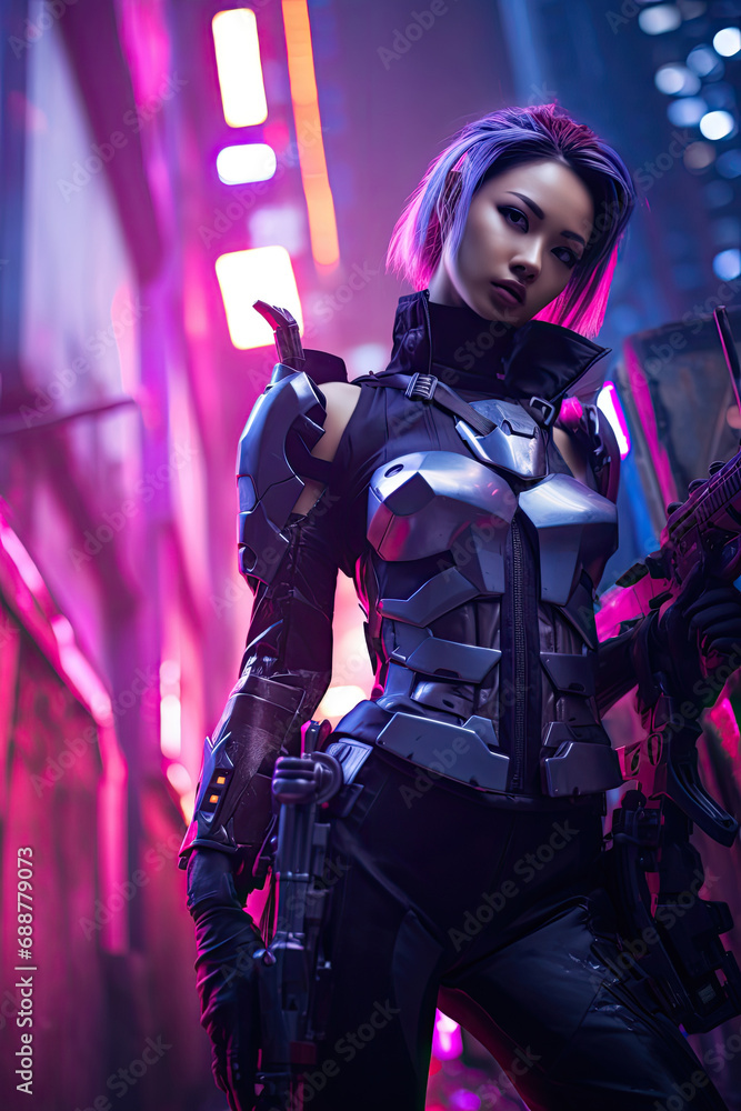 A vivid portrait of a beautiful woman, a futuristic soldier in a cyberpunk setting. A vivid portrait of a beautiful woman, a futuristic soldier in a cyberpunk setting.