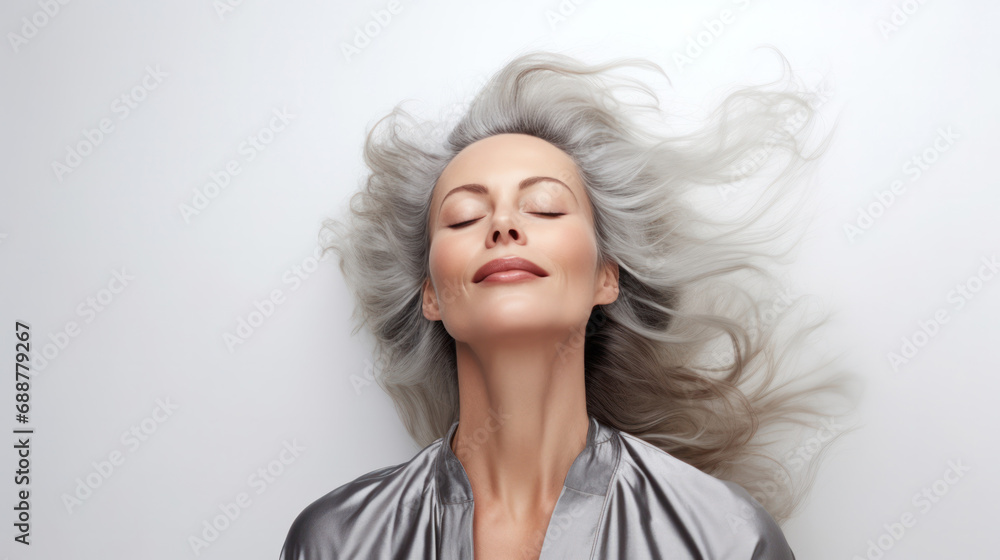 Sensual Winds: White Mid-aged Model with Gray Wavy Hair Poses with Closed Eyes in Windy Shoot, Ideal for Promoting Hairstyling, Makeup Services, Fashion, and Beauty Industry Sensual Winds: White Mid-aged Model with Gray Wavy Hair Poses with Closed Eyes in Windy Shoot, Ideal for Promoting Hairstyling, Makeup Services, Fashion, and Beauty Industry