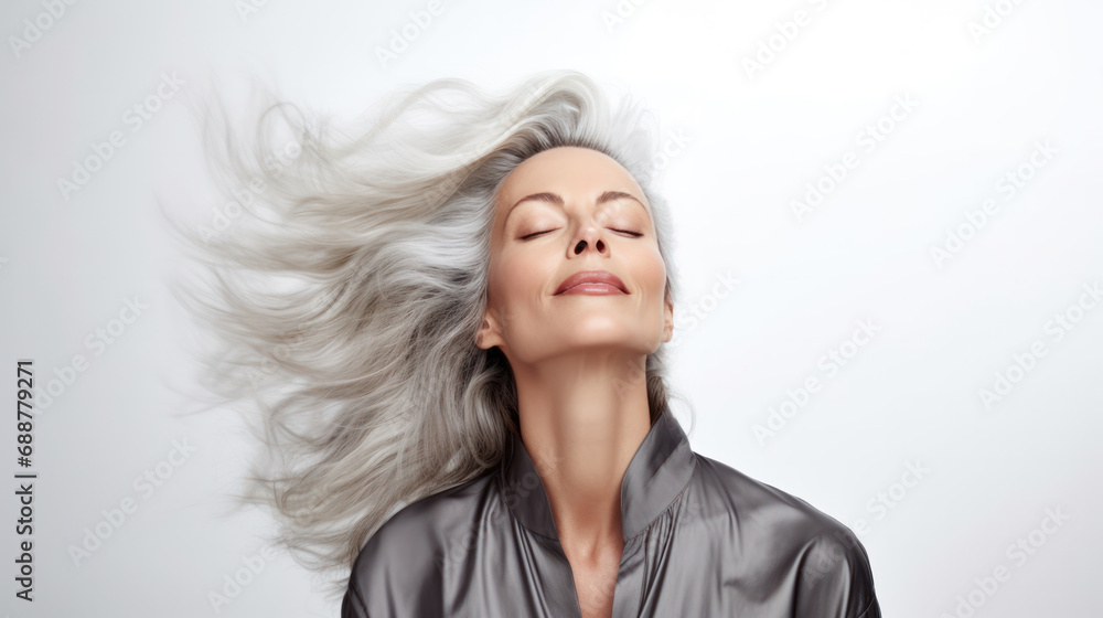 Mature Beauty: White Middle-aged Model Flaunting Wavy Gray Hair, Wind-Swept Hair, Closed Eyes, Great for Hairdressing, Makeup Services, Fashion, and Cosmetic Industry Embracing Women's Aging Grace Mature Beauty: White Middle-aged Model Flaunting Wavy Gray Hair, Wind-Swept Hair, Closed Eyes, Great for Hairdressing, Makeup Services, Fashion, and Cosmetic Industry Embracing Women's Aging Grace