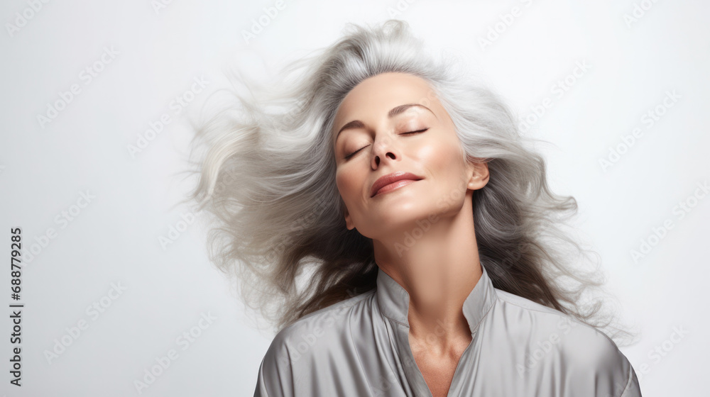 Winds of Wisdom: Gray-haired White Mid-aged Model Poses with Eyes Closed in Windy Shot, Perfect for Makeup, Hairstyling Services, Fashion, and Cosmetics Industry Embracing Women's Mature Beauty Winds of Wisdom: Gray-haired White Mid-aged Model Poses with Eyes Closed in Windy Shot, Perfect for Makeup, Hairstyling Services, Fashion, and Cosmetics Industry Embracing Women's Mature Beauty