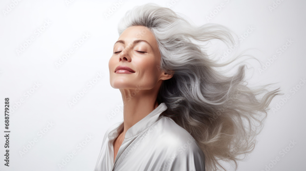 Gray Glamour: Middle-aged White Model with Wavy Gray Hair Posing with Wind-Swept Hair, Eyes Closed, Ideal for Promoting Hairstyling, Makeup Services, Fashion, and Beauty Industry Gray Glamour: Middle-aged White Model with Wavy Gray Hair Posing with Wind-Swept Hair, Eyes Closed, Ideal for Promoting Hairstyling, Makeup Services, Fashion, and Beauty Industry