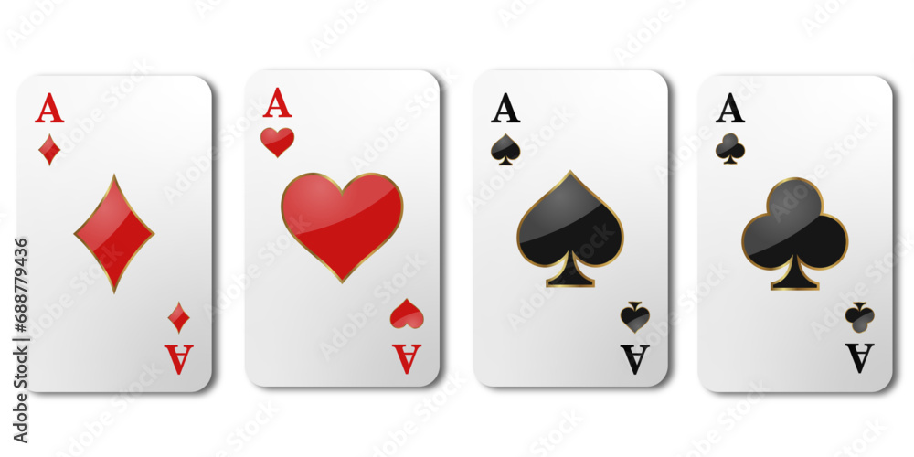 Vector illustration of four Ace playing cards. Winning poker hand. Set of hearts, spades, clubs and ace of diamonds Vector illustration of four Ace playing cards. Winning poker hand. Set of hearts, spades, clubs and ace of diamonds