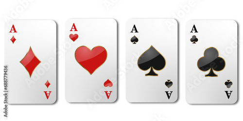 Vector illustration of four Ace playing cards. Winning poker hand. Set of hearts, spades, clubs and ace of diamonds