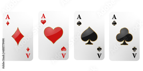 Vector illustration of four Ace playing cards. Winning poker hand. Set of hearts, spades, clubs and ace of diamonds