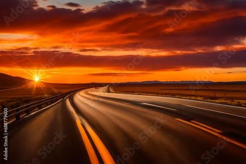Driving through the Wyoming Interstate 80 Expressway at sunset, the sky painted in warm hues, the road adorned with streaks of car lights