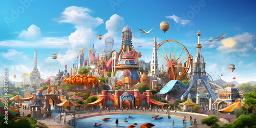 Carouse and ferris wheel in a carnival,Colorful magical fantasy illustration of amusement park.A magical theme park full of captivating attractions and immersive experiences, designed to entertain  photo