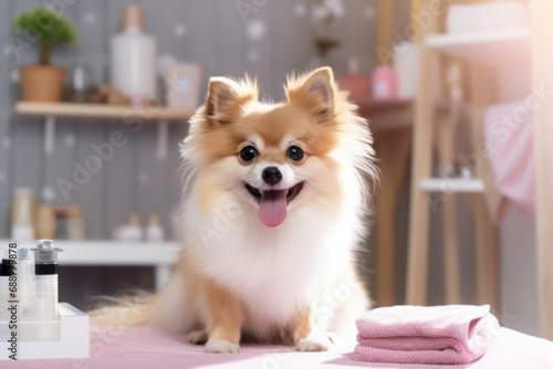 Cute puppy dog in professional groomer salon