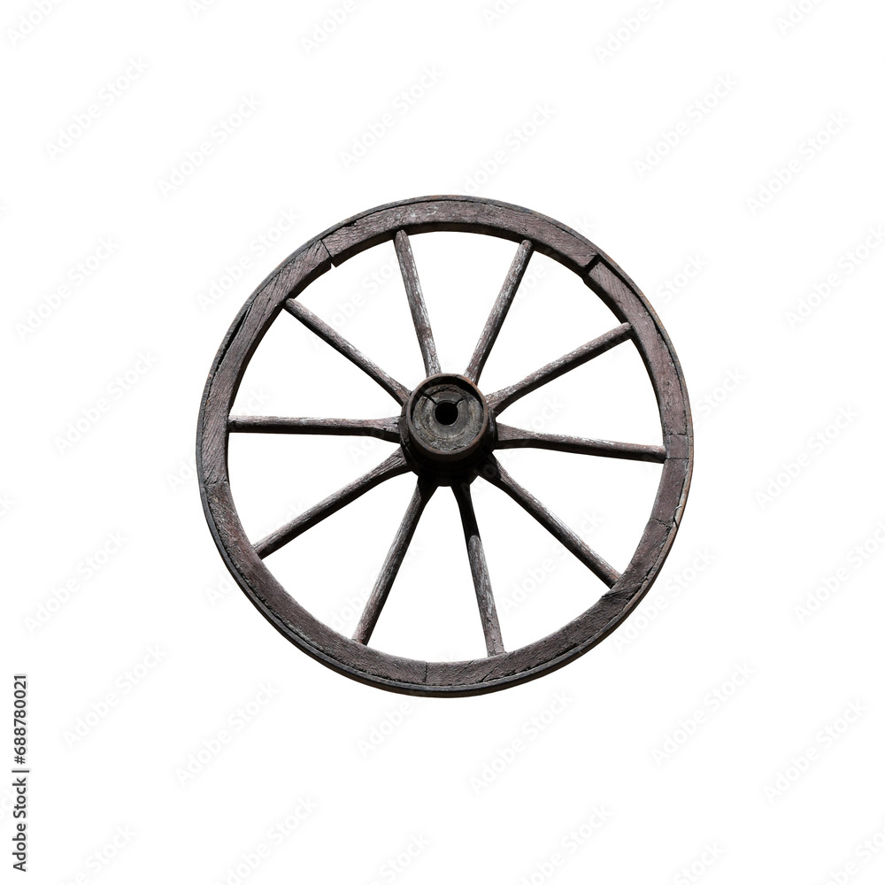 Wooden spoked wheel isolated on the transparent background