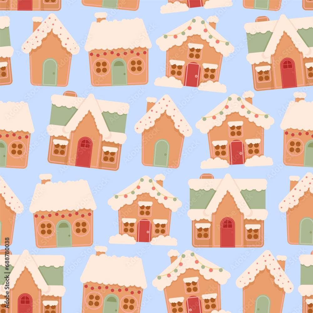 Christmas seamless pattern of gingerbread houses on a blue background