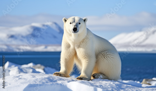 White polar bear (Ursus maritimus) sitting on snow at sunny day. Arctic glaciers on background