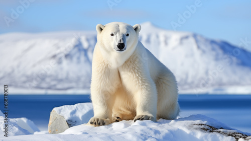 White polar bear (Ursus maritimus) sitting on snowy rock at sunny day. Arctic glaciers on background