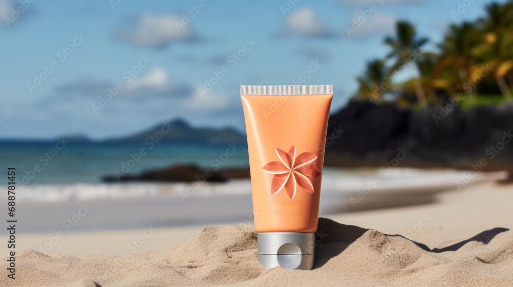 Cosmetic product with blank front, realistic on a mockup template in a sand in a tropical beach