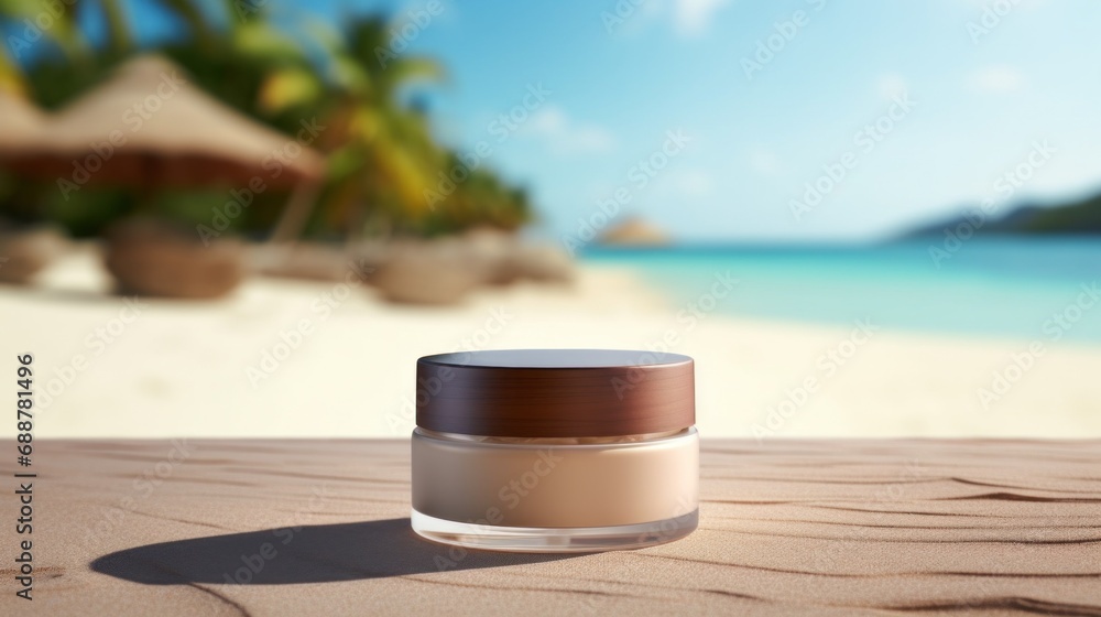 Cosmetic product with blank front, realistic on a mockup template in a sand in a tropical beach Cosmetic product with blank front, realistic on a mockup template in a sand in a tropical beach