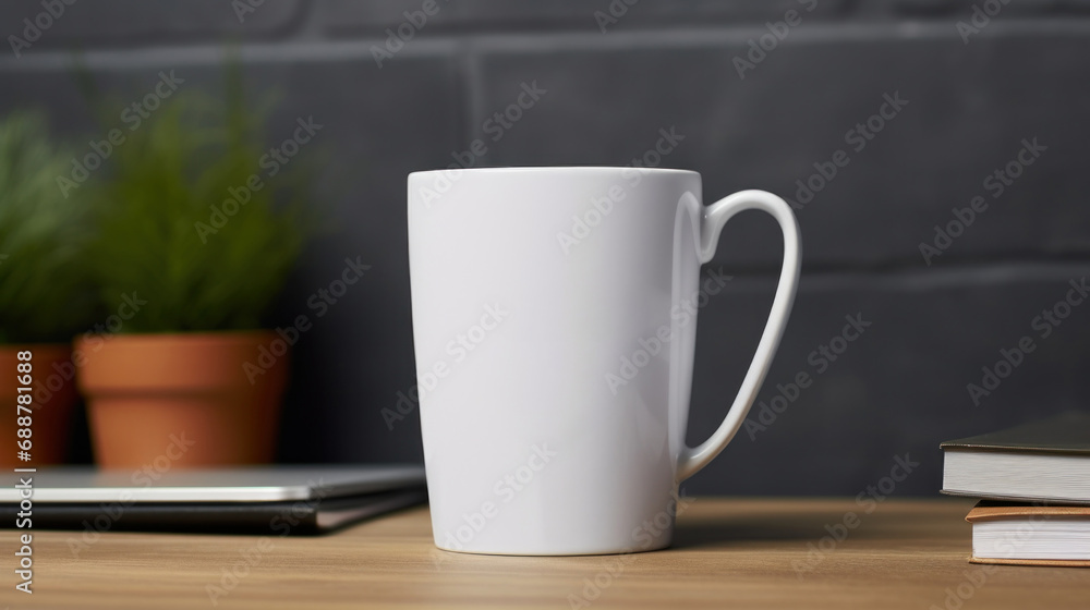 Cup with blank front, realistic on a mockup template in a desk in a modern office, Cup with blank front, realistic on a mockup template in a desk in a modern office,
