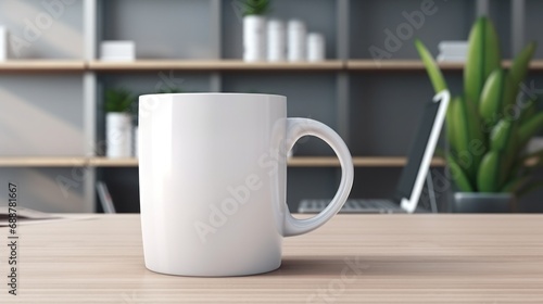 Cup with blank front, realistic on a mockup template in a desk in a modern office,