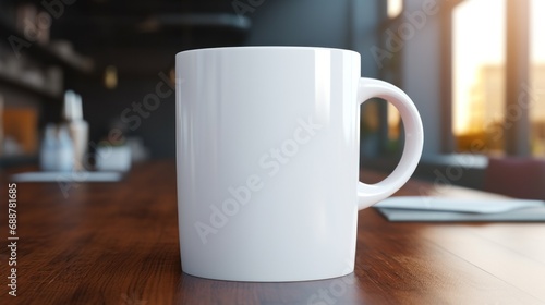 Cup with blank front, realistic on a mockup template in a desk in a modern office,
