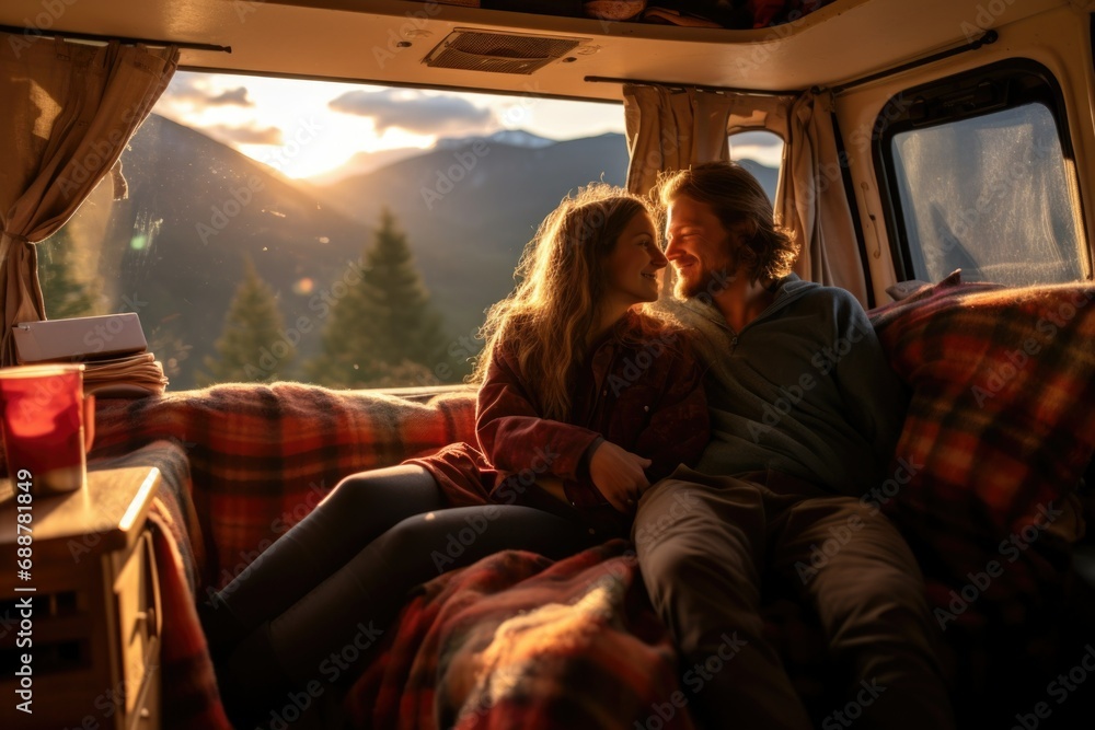 A couple in love in a camper van in the mountains at dawn - obrazy, fototapety, plakaty 