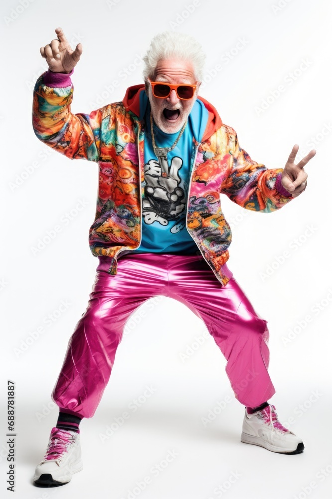Funny elderly man dressed in modern colorful clothes on a white background Funny elderly man dressed in modern colorful clothes on a white background