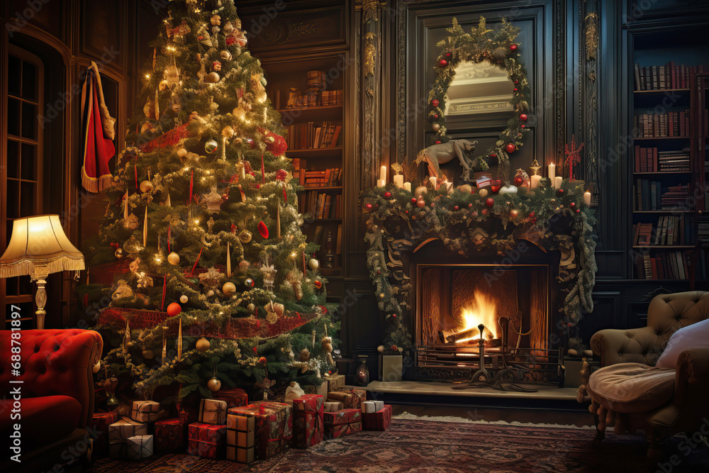 Vintage Christmas tree adorned with antique ornaments, tinsel, and classic string lights, cozy living room setting with vintage furniture, a fireplace