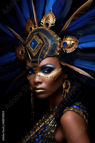 A black African woman transformed into a stunning embodiment of fantasy art with golden details on her head.
